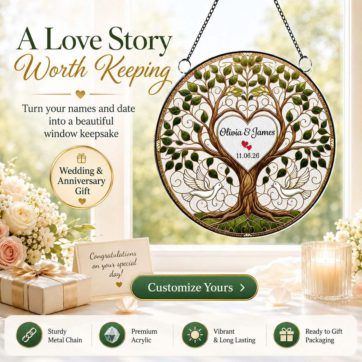Wedding Tree Of Life With Doves - Personalized Acrylic Window Hanger - Wedding Keepsake, Anniversary Gift For Couples