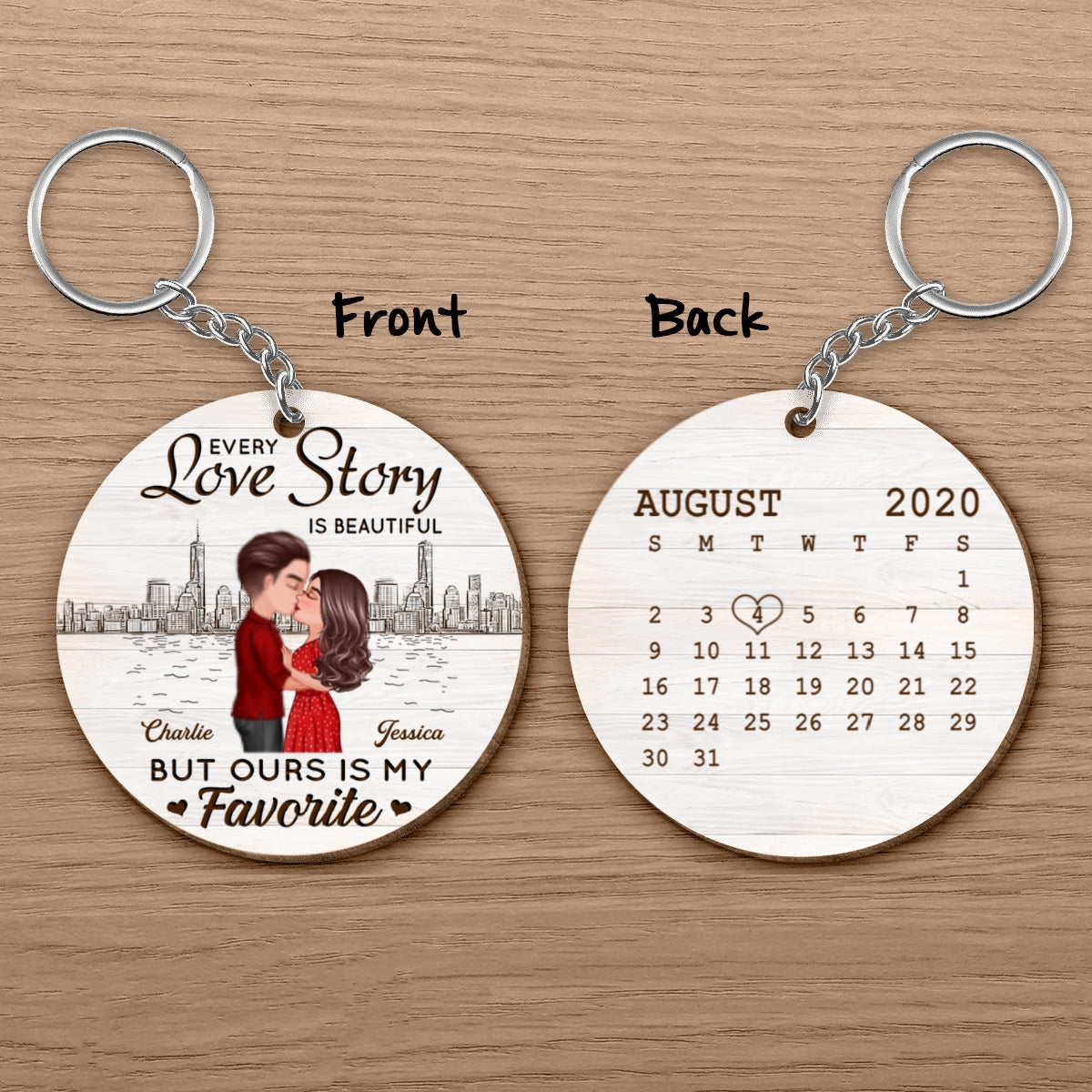 Doll Couple Kissing Skyline Calendar Anniversary Date Personalized Wooden Keychain