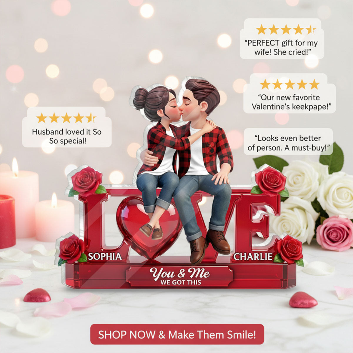 Roses LOVE Couple Sitting Kissing - Personalized Acrylic Block Plaque - Valentine's Day Gift For Couple, For Him, For Her