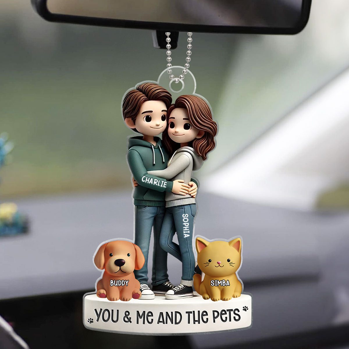 Couple Hugging You Me And The Dog Cats Personalized Acrylic Car Hanger Ornament, Heartfelt Gift For Couple, For Dog Lovers, Cat Lovers, Pet Lovers