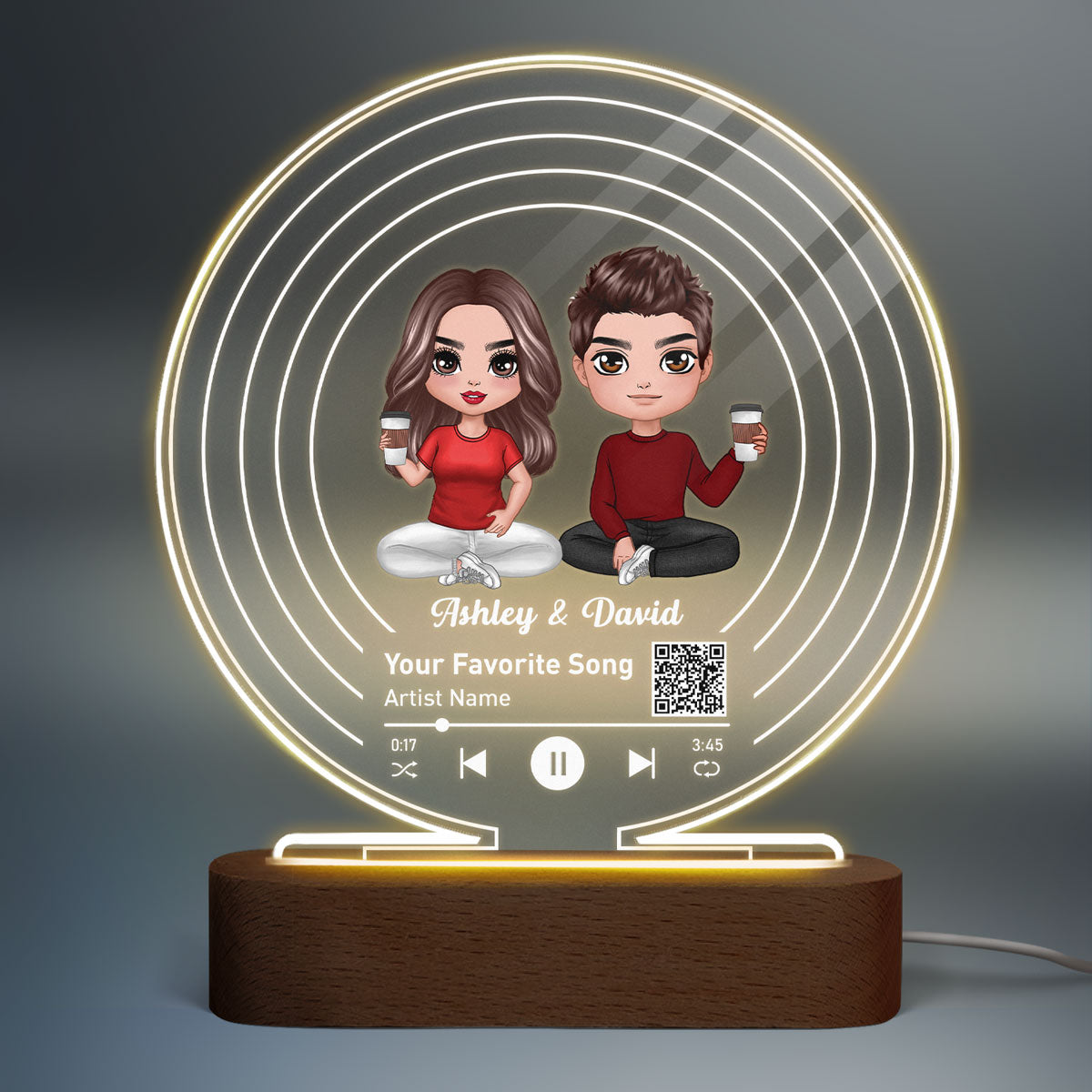 Relationship Song Doll Couple Sitting Scannable QR Code Music Record Personalized Acrylic Circle Plaque With LED Night Light