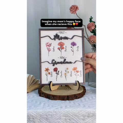First Mom Now Grandma Vintage Birth Month Flowers Personalized 2-Layer Wooden Plaque, Heartfelt Gift For Grandma, Mom