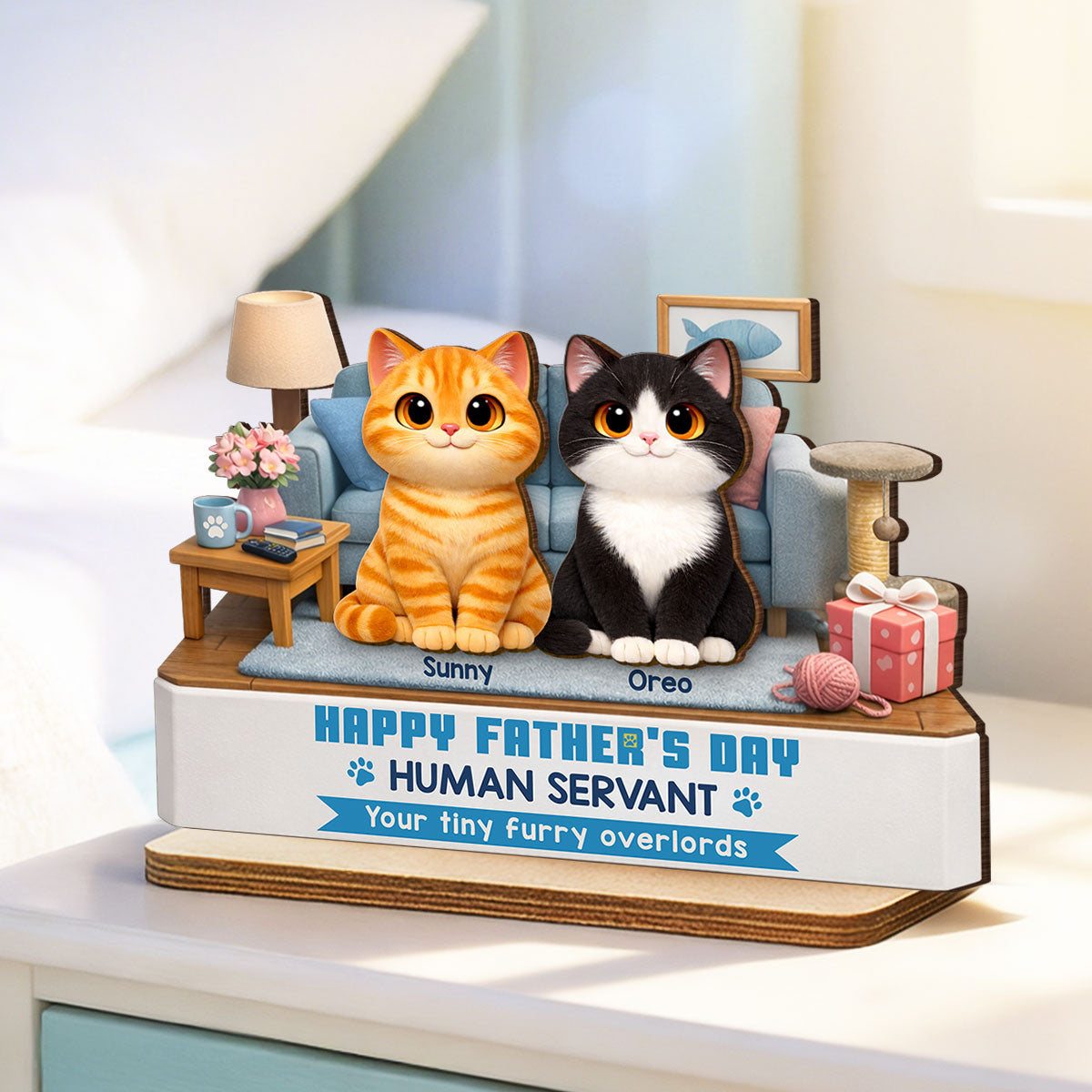 Cat Dad Cute Fluffy Cats Happy Father's Day Human Servant - Personalized 2-Layered Wooden Plaque - Funny Father's Day Gift For Cat Dad, Cat Lovers