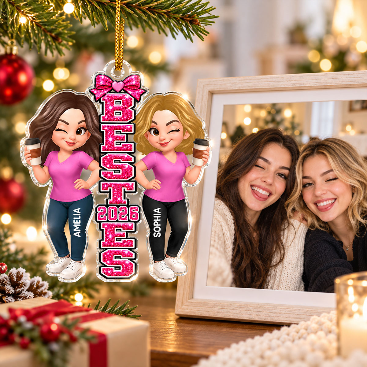 Trending Pink Besties Sisters - Personalized Acrylic Ornament - Christmas Gift For Friends, Family, Girls