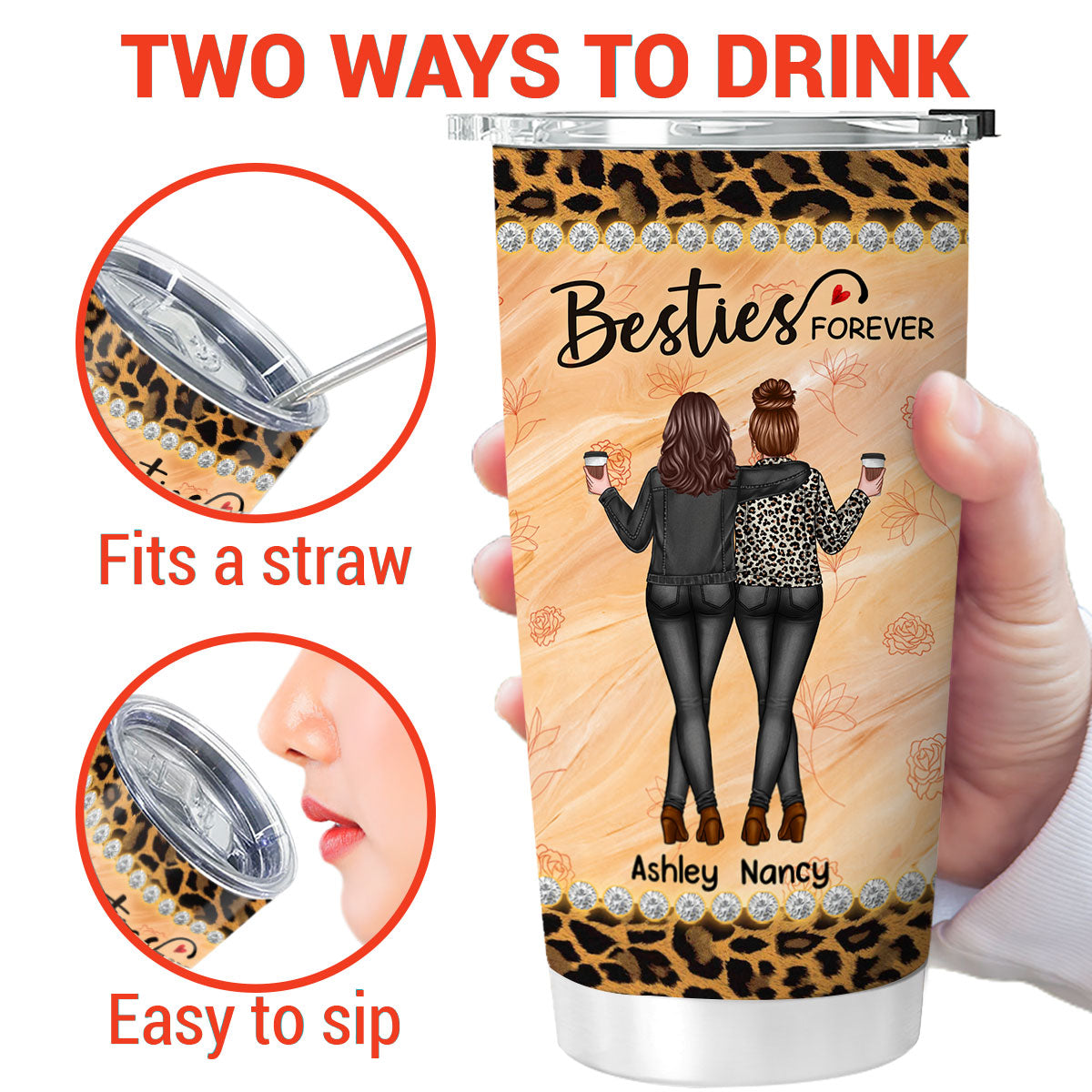 Leopard Pattern Back View Besties Sisters Personalized Tumbler
