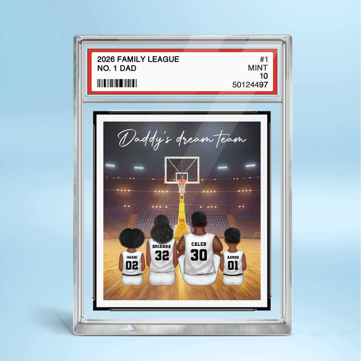 Basketball Daddy's Dream Team No. 1 Dad Man & Kids Sitting Trading Card Style Personalized Acrylic Block Plaque
