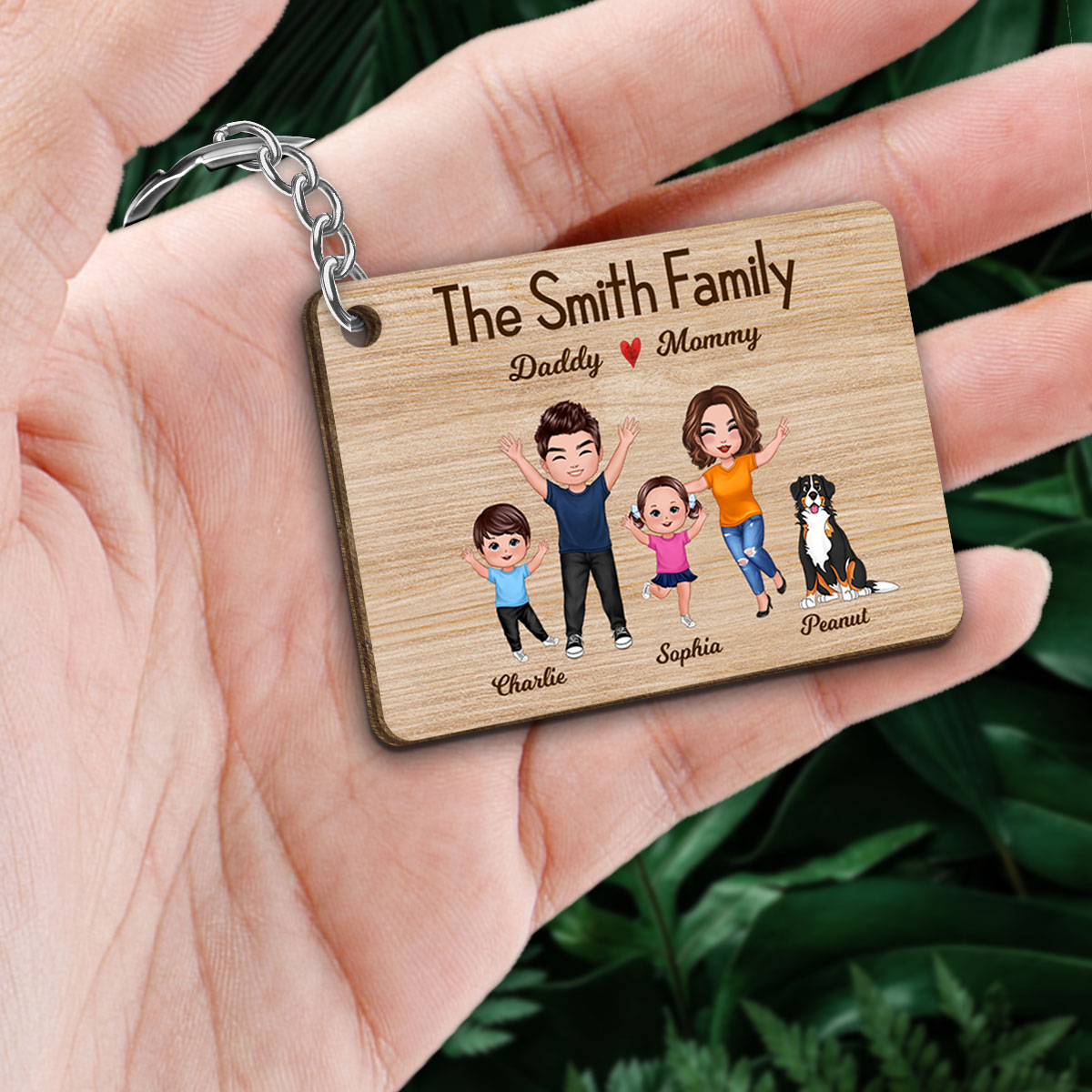 Happy Doll Whole Family Couple Kids Dogs Cats Personalized Wooden Keychain
