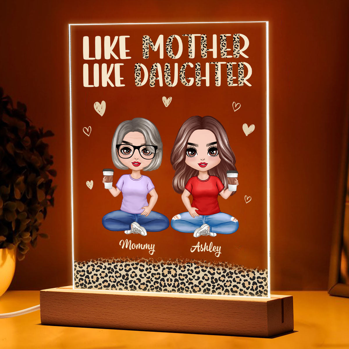 Like Mother Like Daughter Leopard Doll Mom And Daughters Personalized Rectangle Acrylic Plaque With LED Night Light