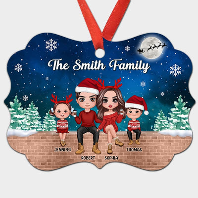 Doll Family Sitting In Snow Background Personaized Christmas Ornament