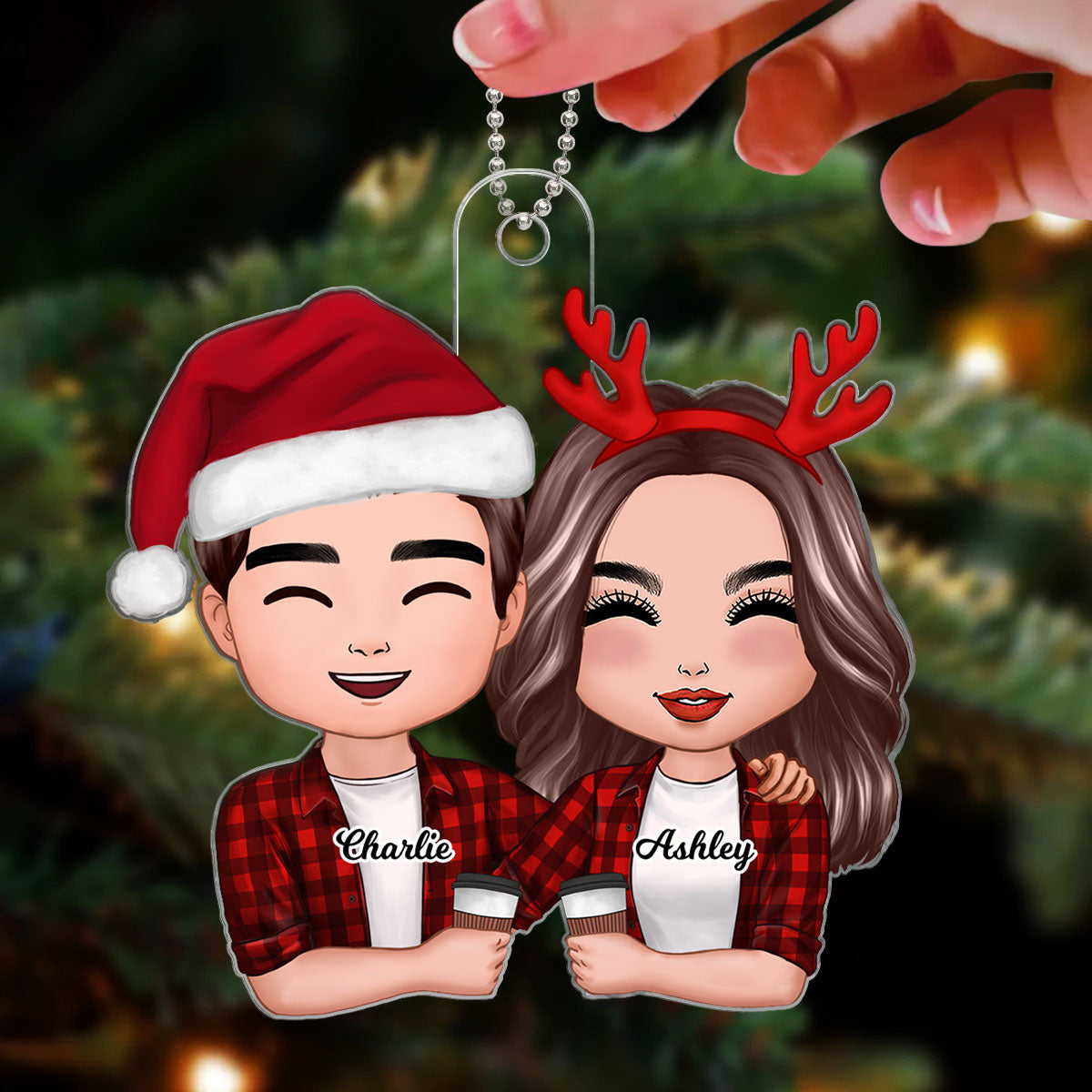 Doll Couple Hugging Holding Drinks Christmas Gift For Him For Her Personalized Acrylic Ornament