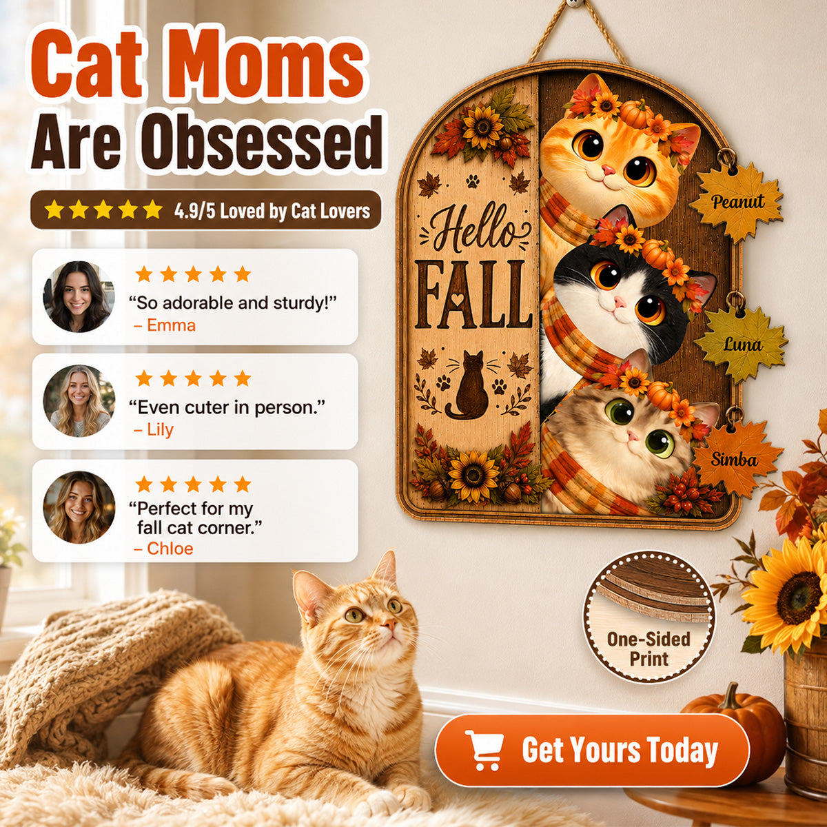 Hello Fall Peeking Cats 2D Flat - Personalized Door Sign - Fall Season Decor For Cat Lovers