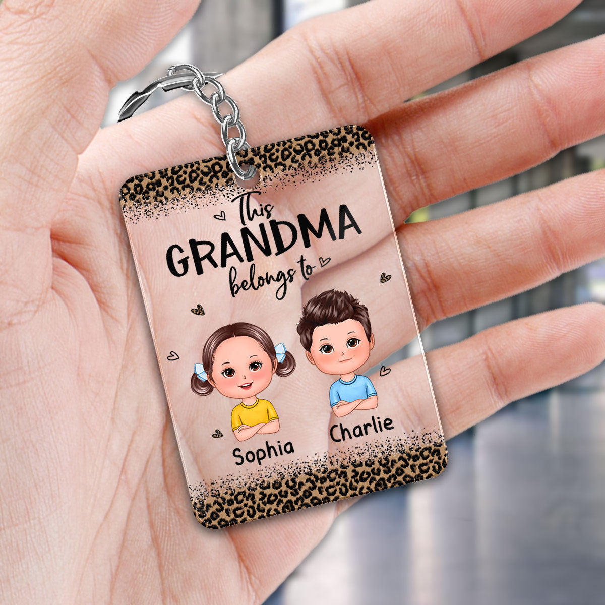 Leopard This Grandma Mom Auntie Belongs To Doll Kids Personalized Acrylic Keychain