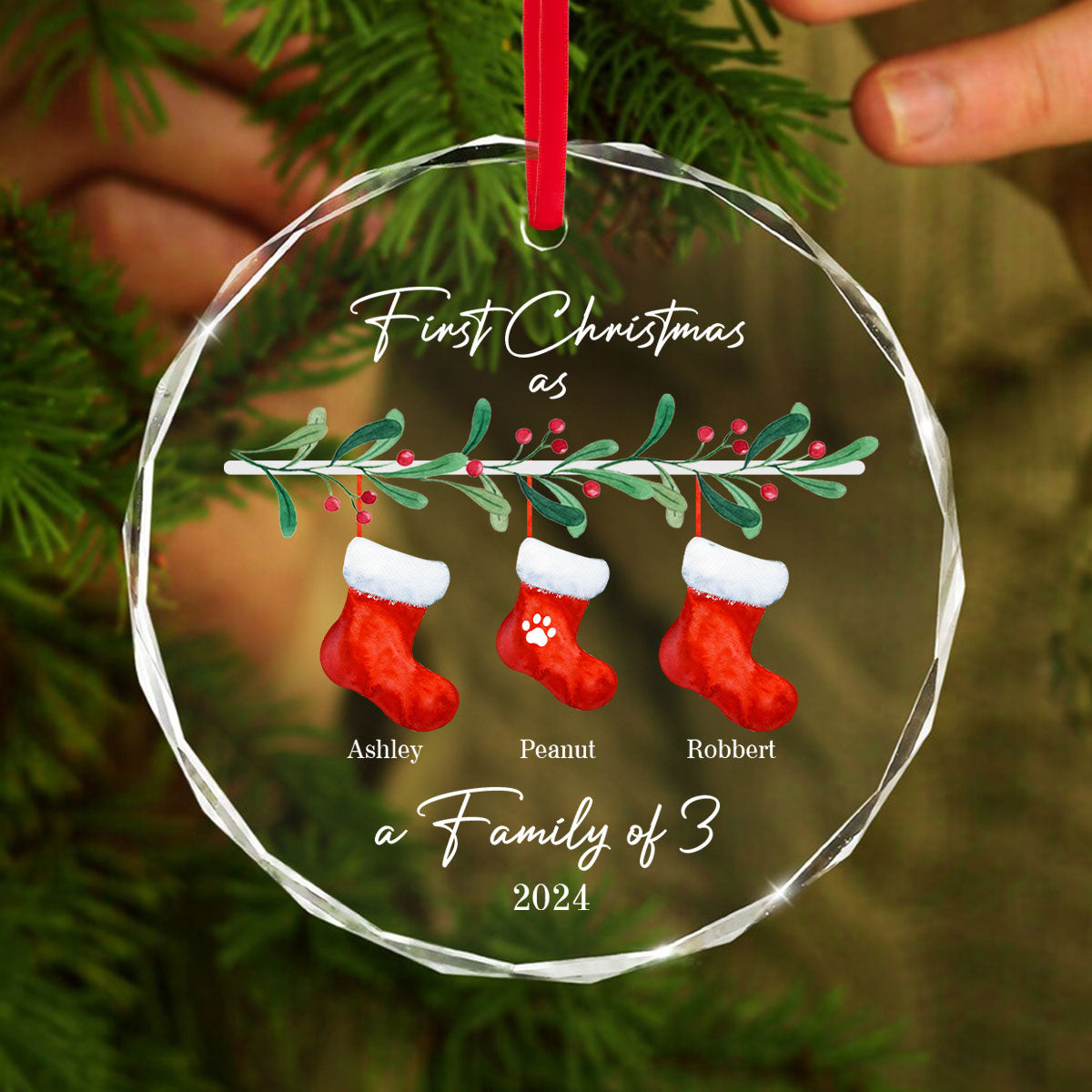 First Christmas As Family Of 3 Personalized Glass Ornament, Baby New Born, Christmas Gift For New Mom, New Dad