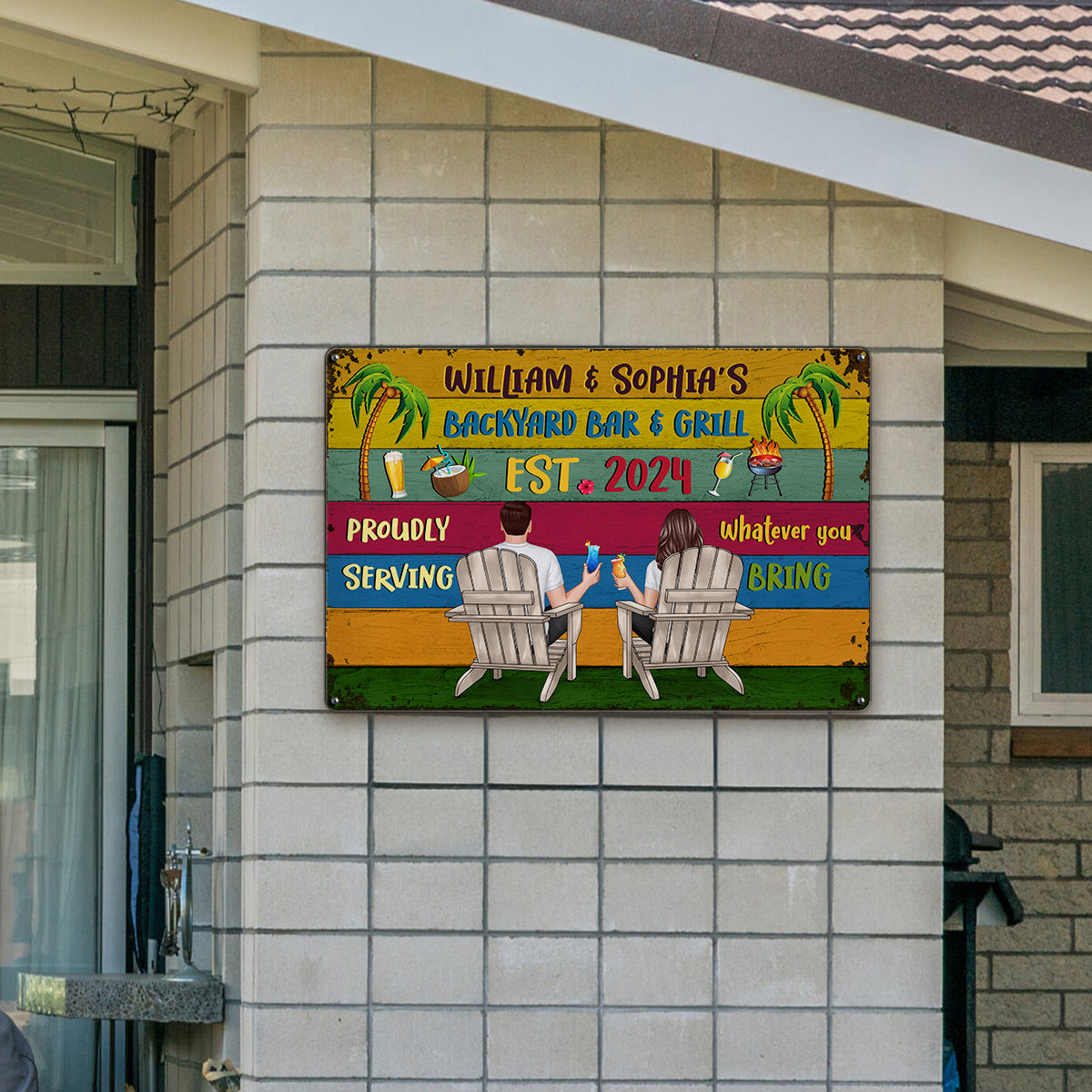 Welcome To Backyard Bar & Grill Back View Couple Personalized Metal Sign