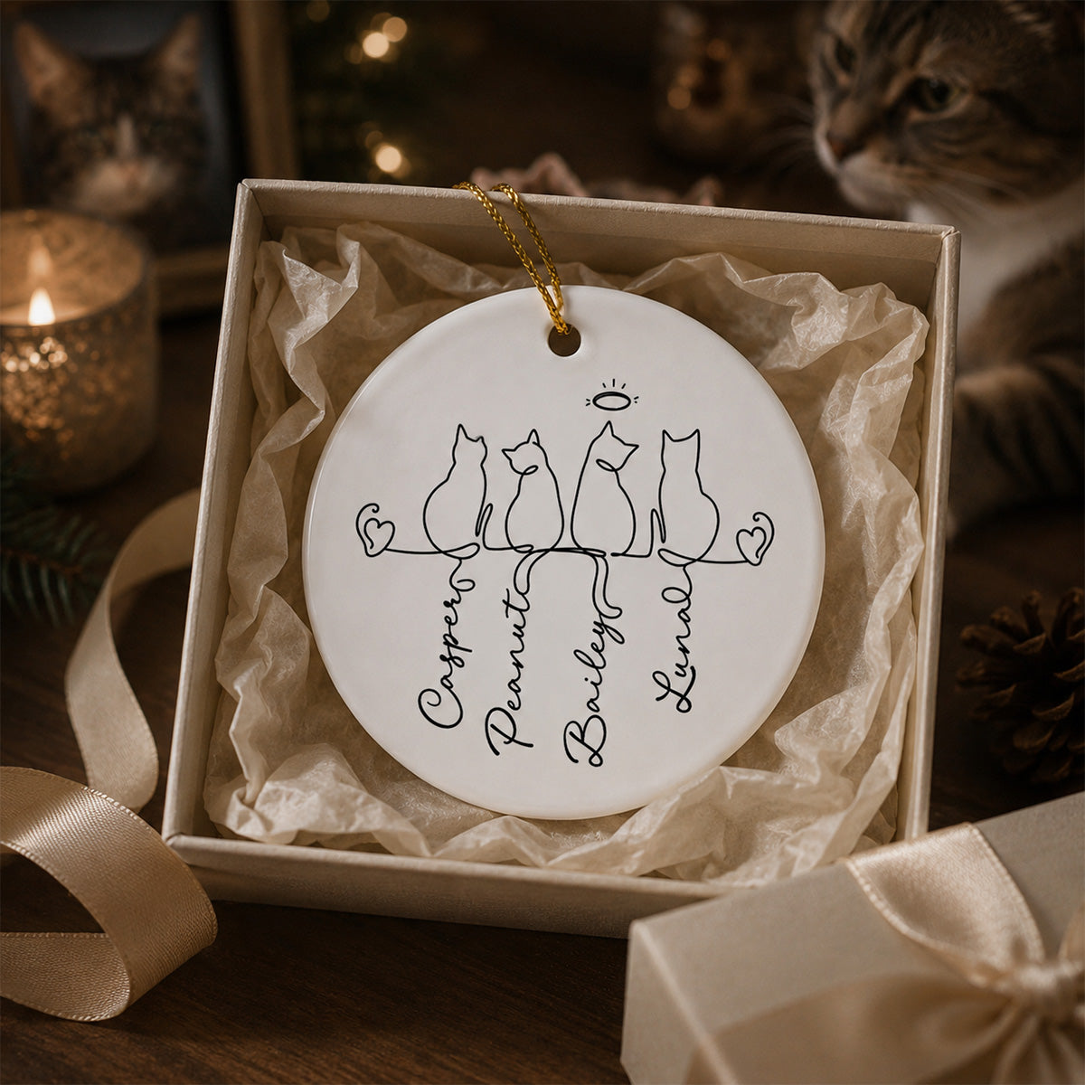 Cats Ornament - Personalized Ceramic Ornament - Cat Lover Gift, Pet Memorial Ornament, Cat Family Keepsake