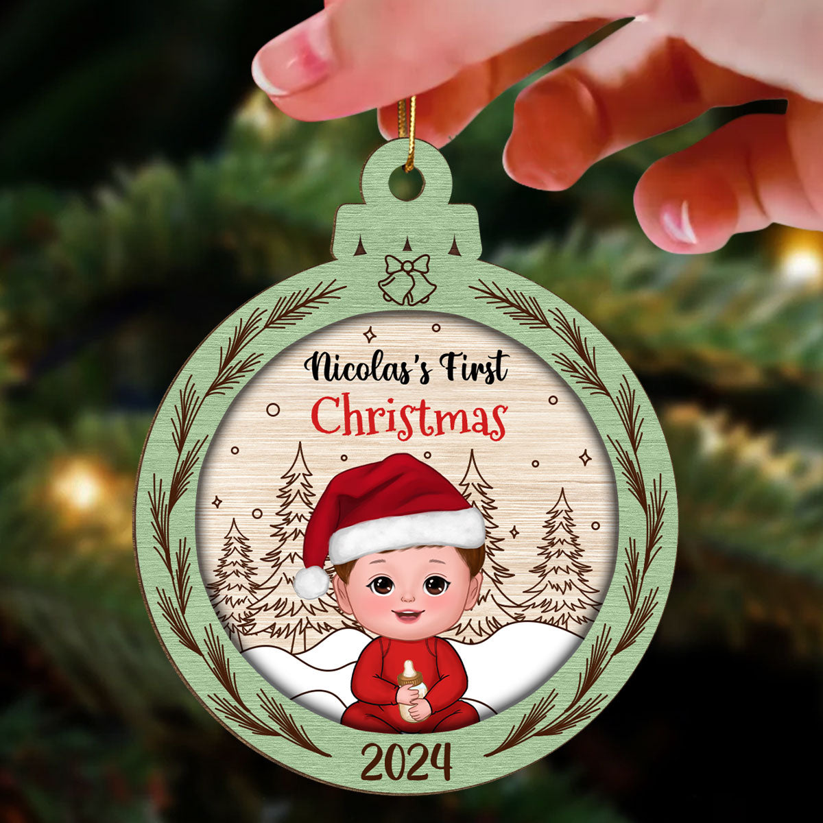 Rustic Baby's First Christmas Personalized Wooden Ornament