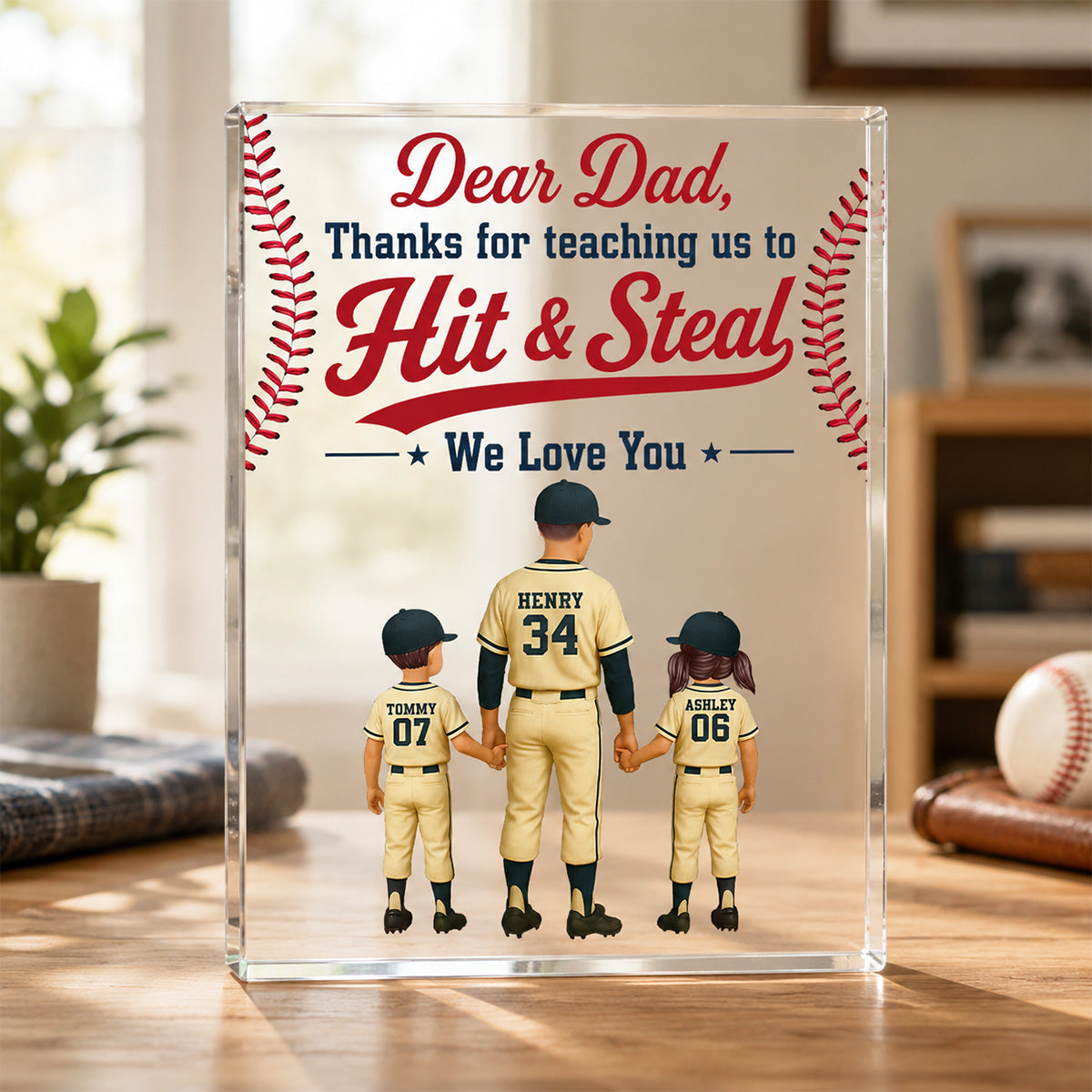 Thank You For Teaching Us To Hit & Steal Baseball Dad & Kids - Personalized Acrylic Block Plaque - Father's Day Gift For Dad, Husband