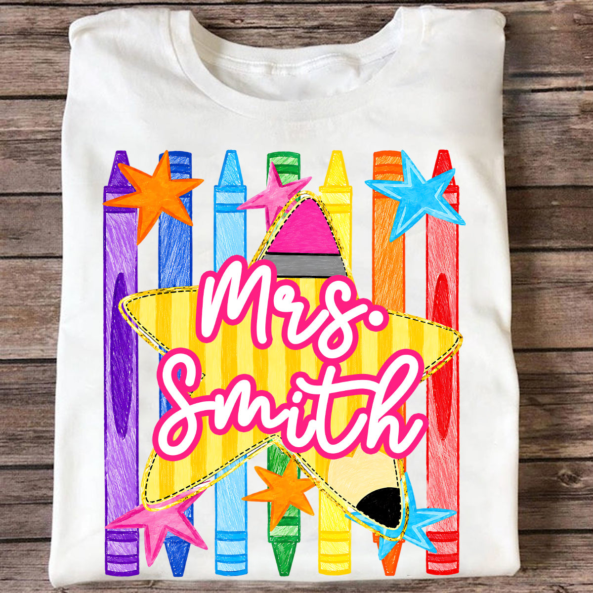 Striped Custom Teacher Name Pencil Crayons - Personalized Shirt - Back To School Gift for Teachers