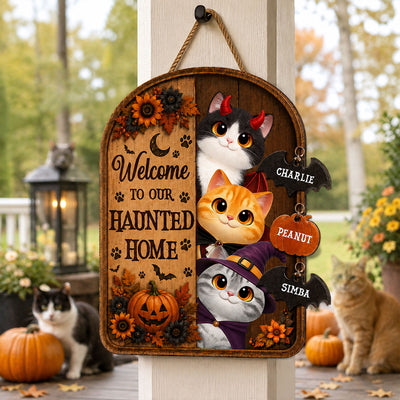 Happy Meowloween Peeking Cats 2D Flat - Personalized Door Sign - Halloween Decor For Cat Lovers