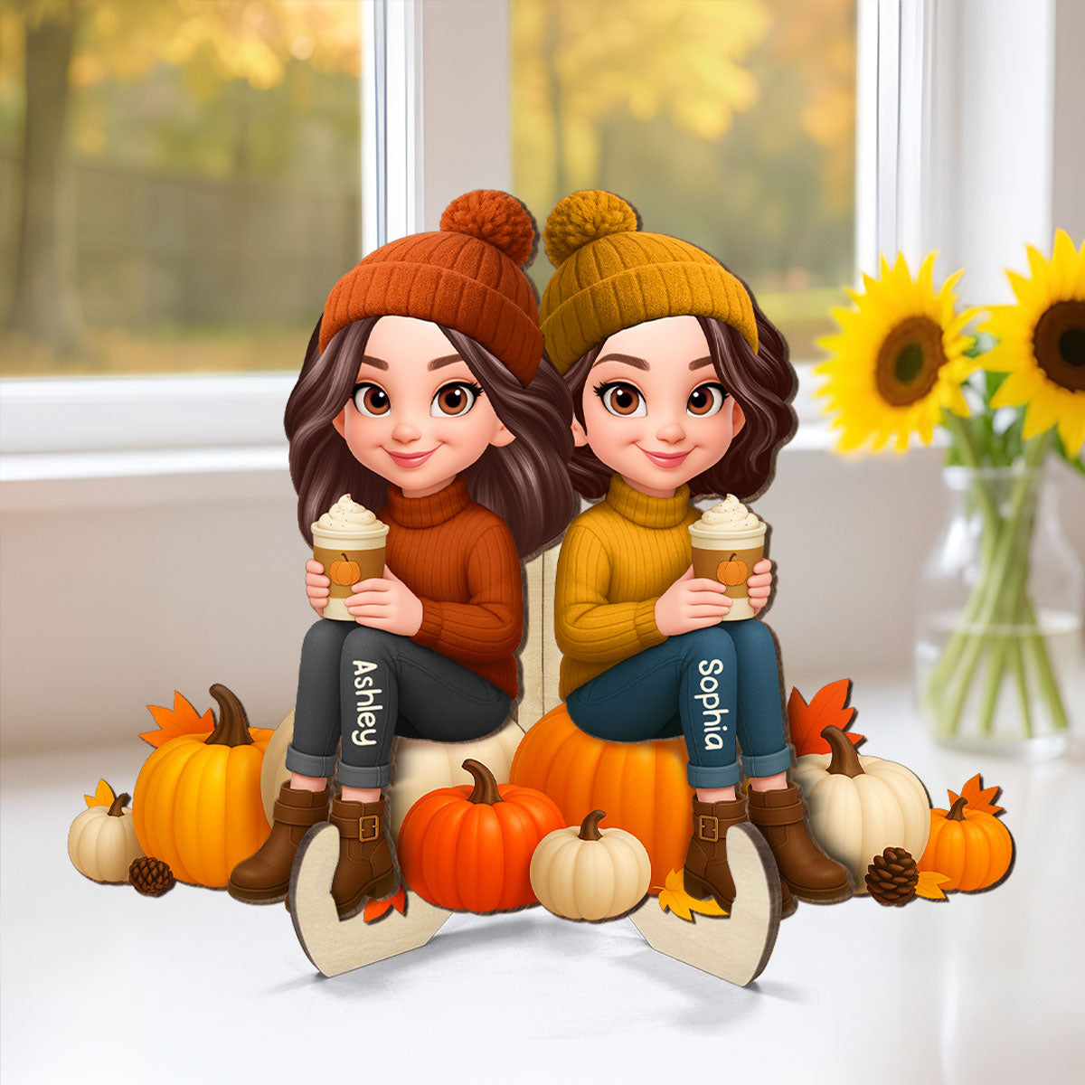 Fall Season Besties Sister Sitting On Pumpkins 3D Effect Personalized Wooden Plaque