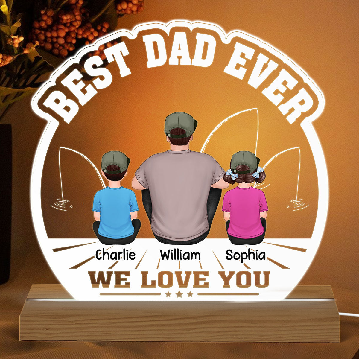 Best Fishing Dad Ever Back View Man And Kids Sitting Personalized Personalized Custom Shape Acrylic Plaque Warm LED Night Light