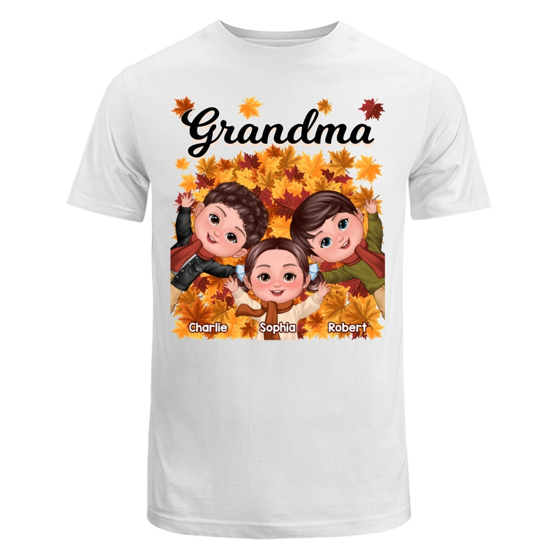 Happy Kids Laying On Fall Leaves Grandma Mom Personalized Shirt