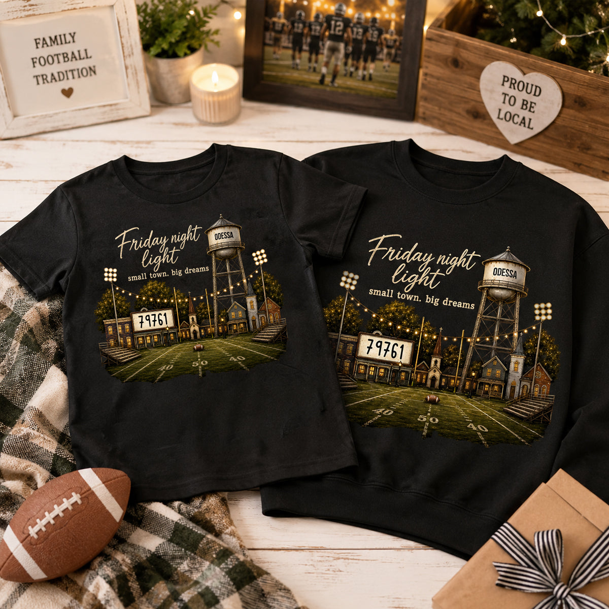 Football Friday Night Light Small Town Big Dreams - Personalized Shirt - Custom Town Name & Zip Code