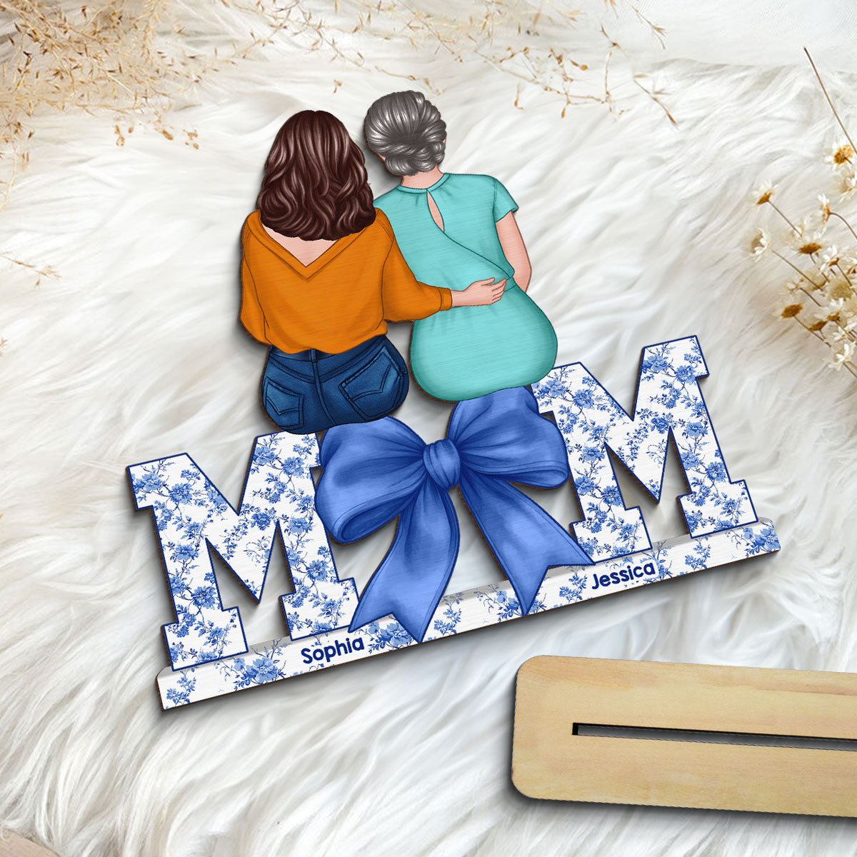 Mother Daughters Blue Floral Chinoiserie Personalized Standing Wooden Plaquer, Gift