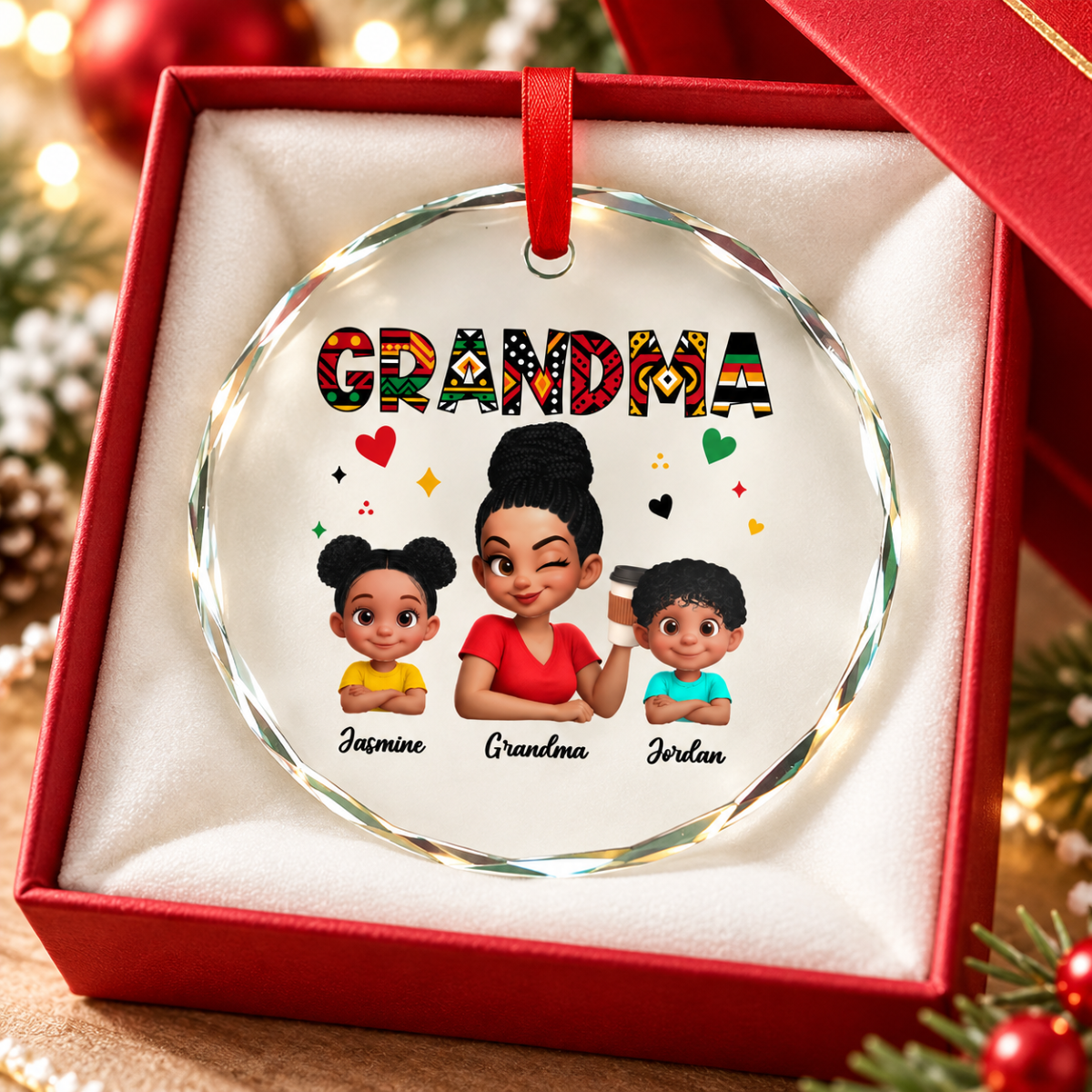 Tribal Pattern Grandma Grandkids Love - Personalized Glass Ornament - Gift For Grandma