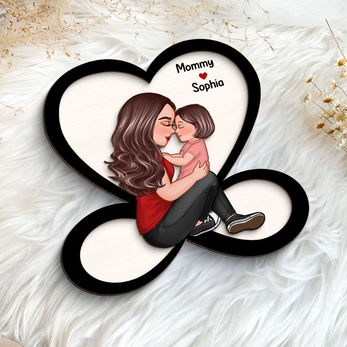 Grandma Mom Holding Kid Sitting On Heart Infinity Personalized 2-layer Wooden Plaque