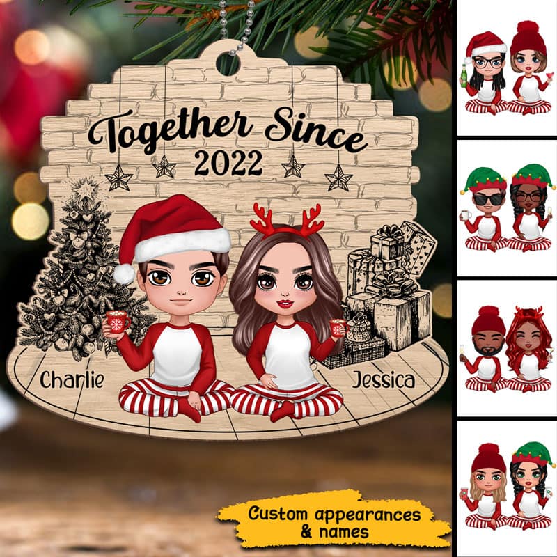 Christmas Sketch Background Pajamas Doll Couple Sitting Personalized Wooden Ornament