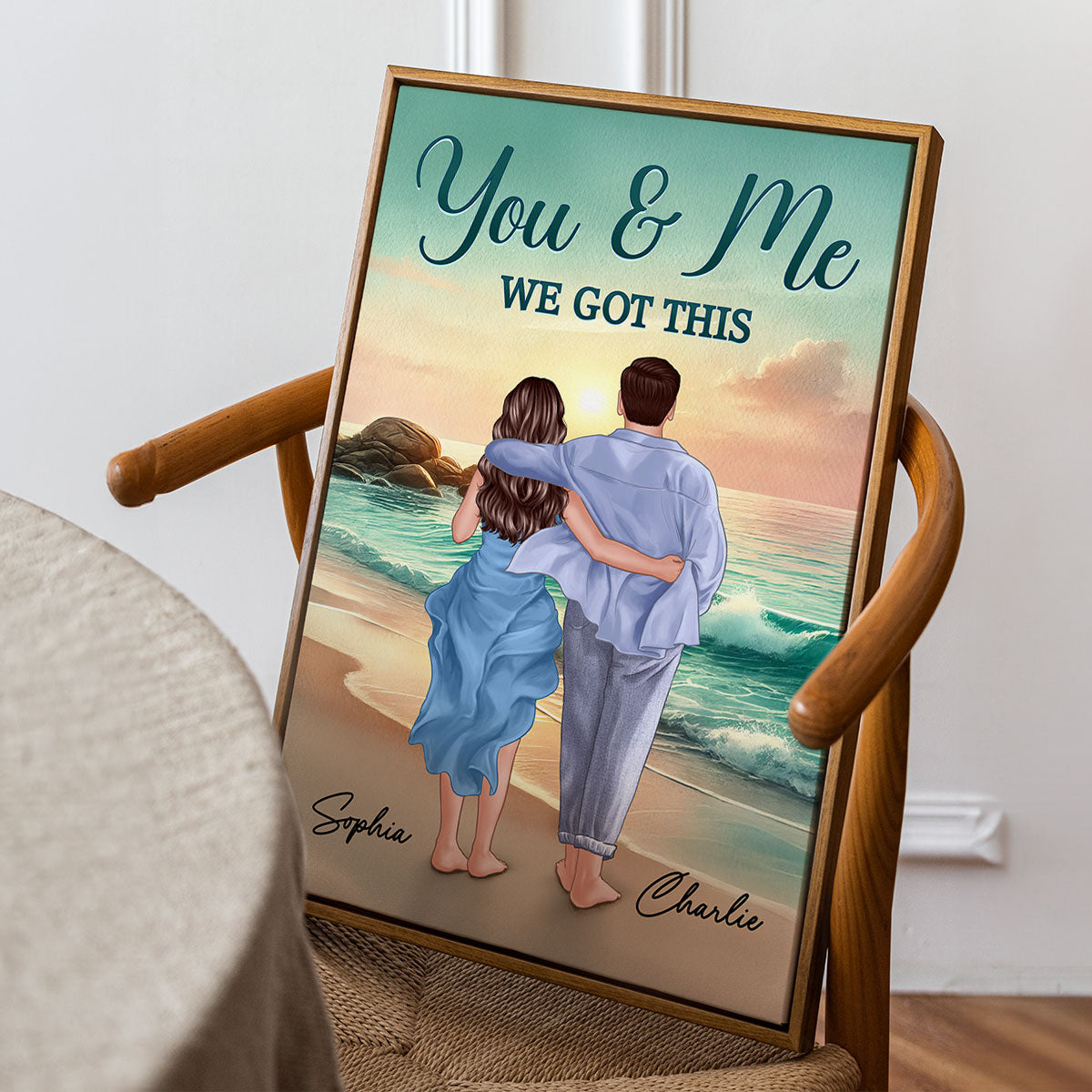 Back View Couple Embracing & Walking On The Beach Personalized Poster, Heartfelt Gift For Couple, For Him, For Her, Boyfriend, Girlfriend, Husband, Wife