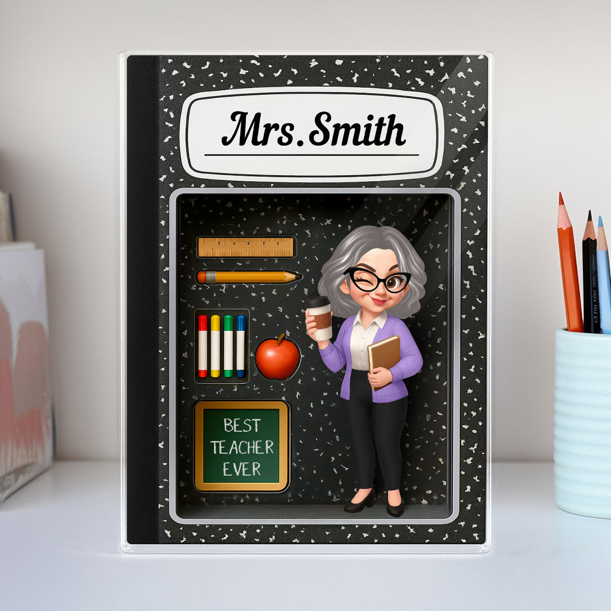 Teacher Inside Composition Book Pattern Box 3D Effect Personalized Acrylic Block, Back To School Gift