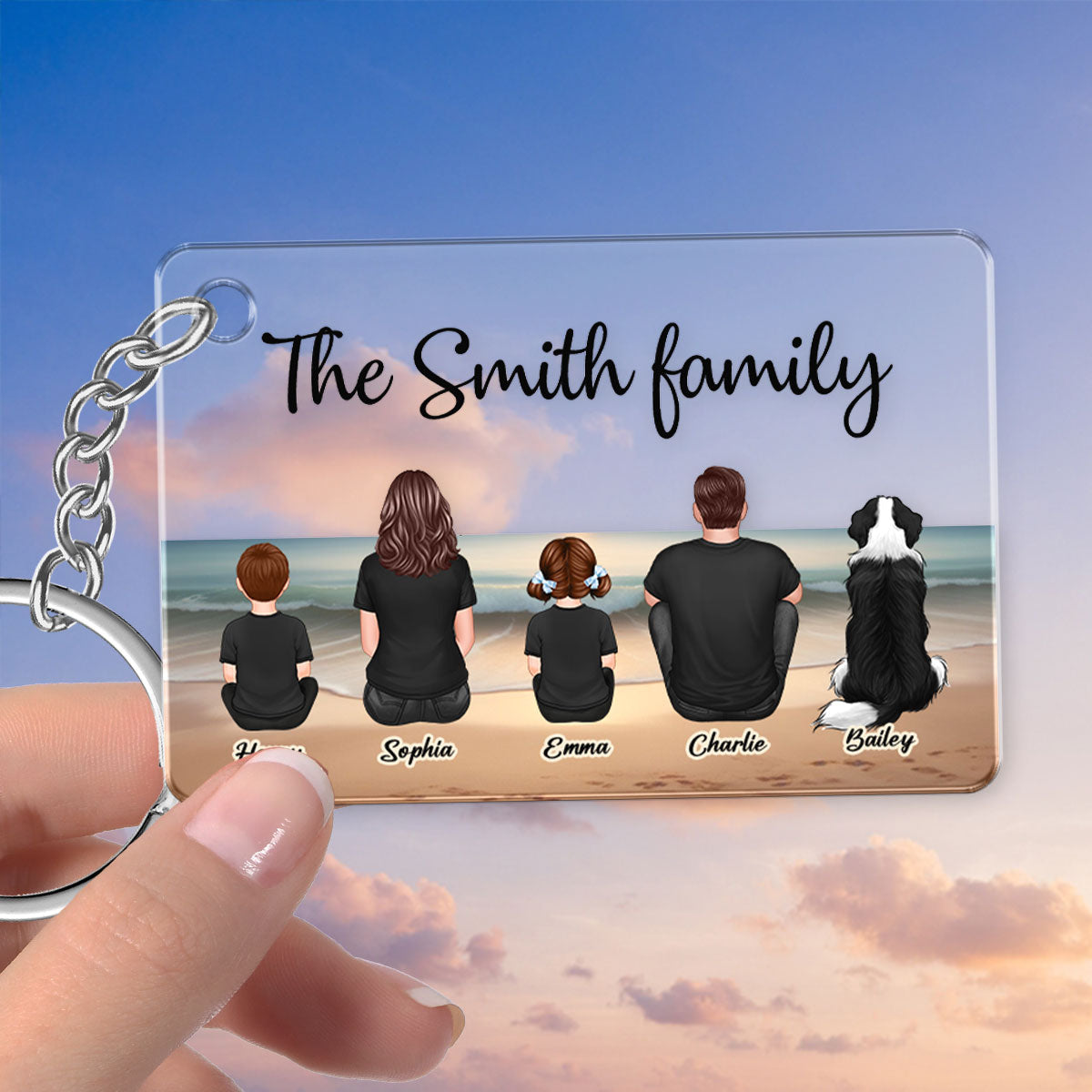 Family Sitting Realistic Beach Landscape Personalized Acrylic Keychain, Gift For Family