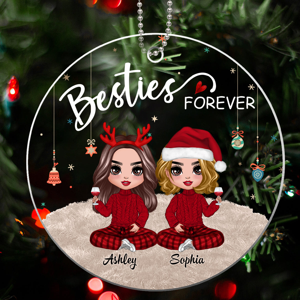 Doll Besties Sitting On Fluffy Rug Christmas Personalized Acrylic Ornament