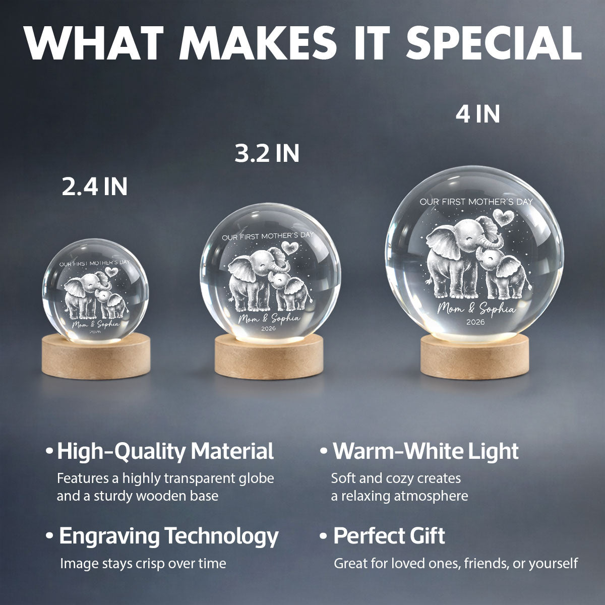 Elephant Mom And Baby Our First Mother's Day - Personalized Crystal Ball LED Night Light - First Mother's Day Gift For New Mom