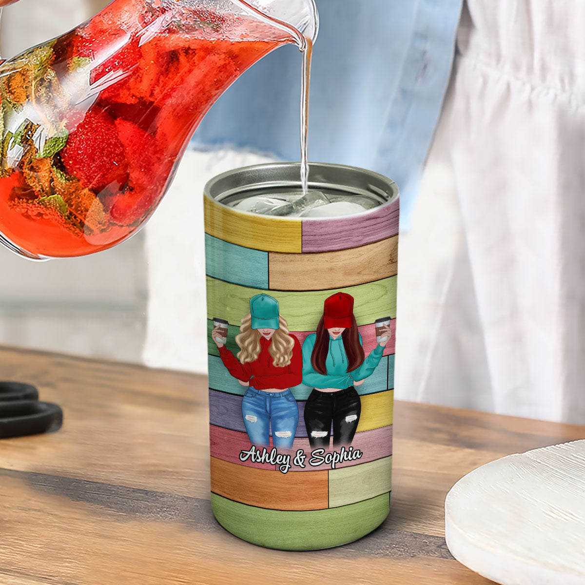 Front View Besties Wooden Palette Personalized 4 In 1 Can Cooler Multipurpose Tumbler