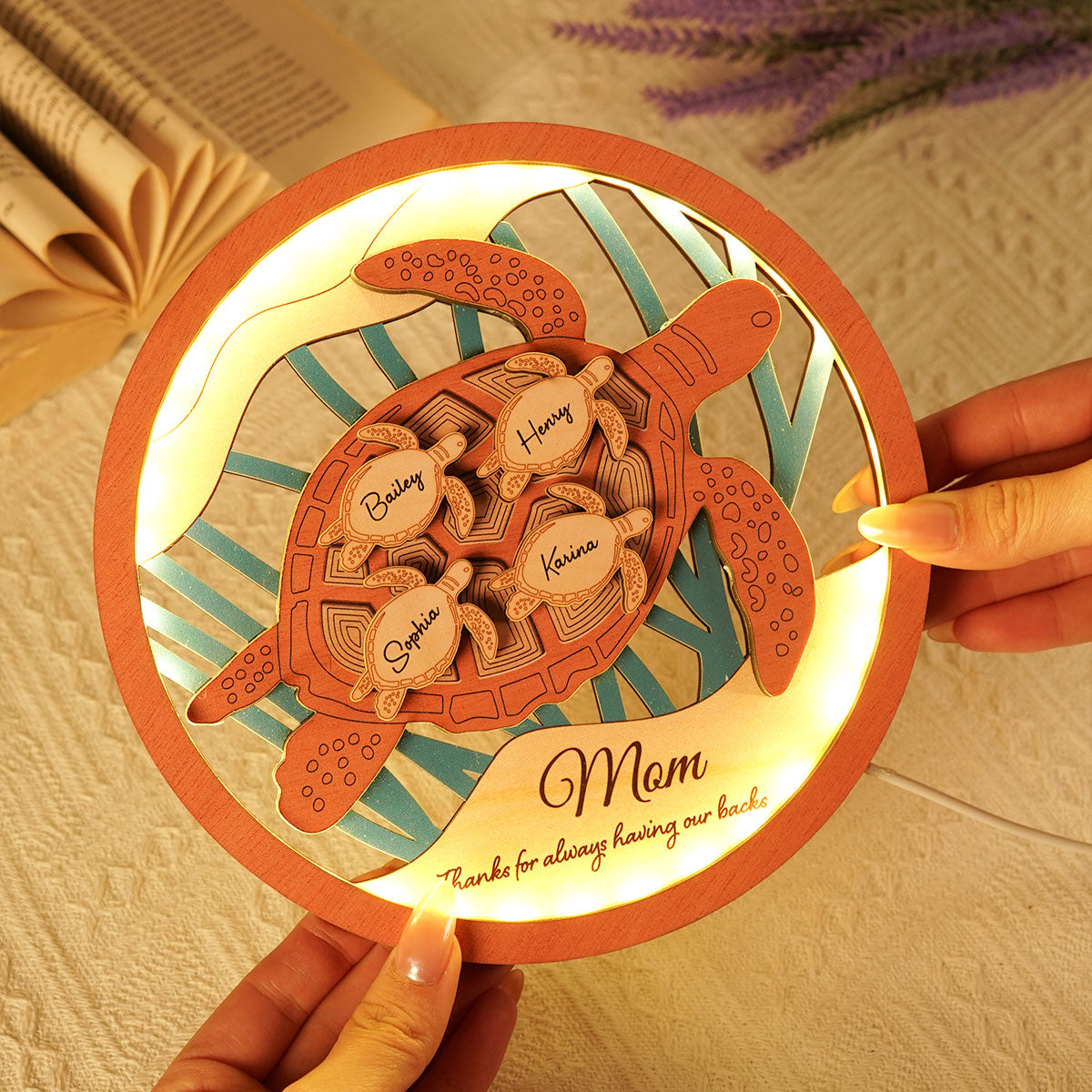 Grandma Mom Sea Turtle Personalized 3-Layered Wooden Plaque With LED, Gift for Mom, Grandma