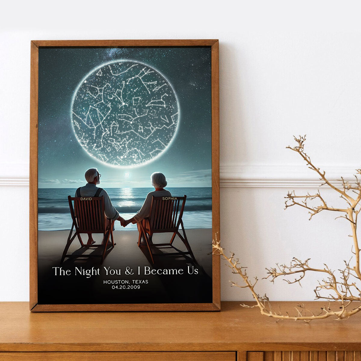 Custom Star Map Personalized Poster, Romantic Old Couple Sitting on the Beach