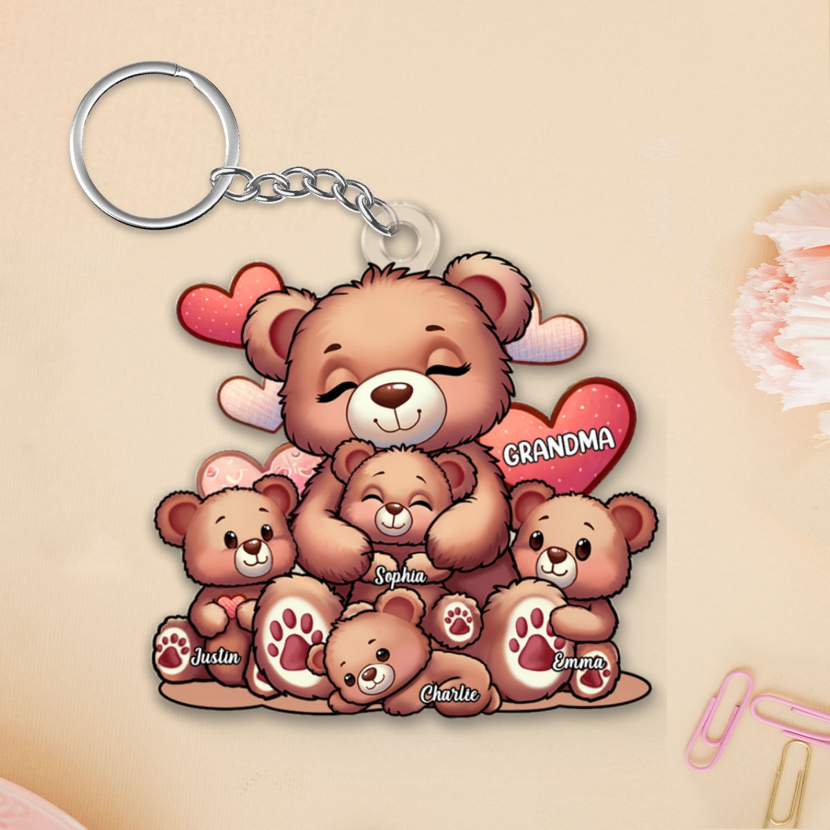 Cute Grandma Bear Mama Bear With Kids Personalized Acrylic Keychain