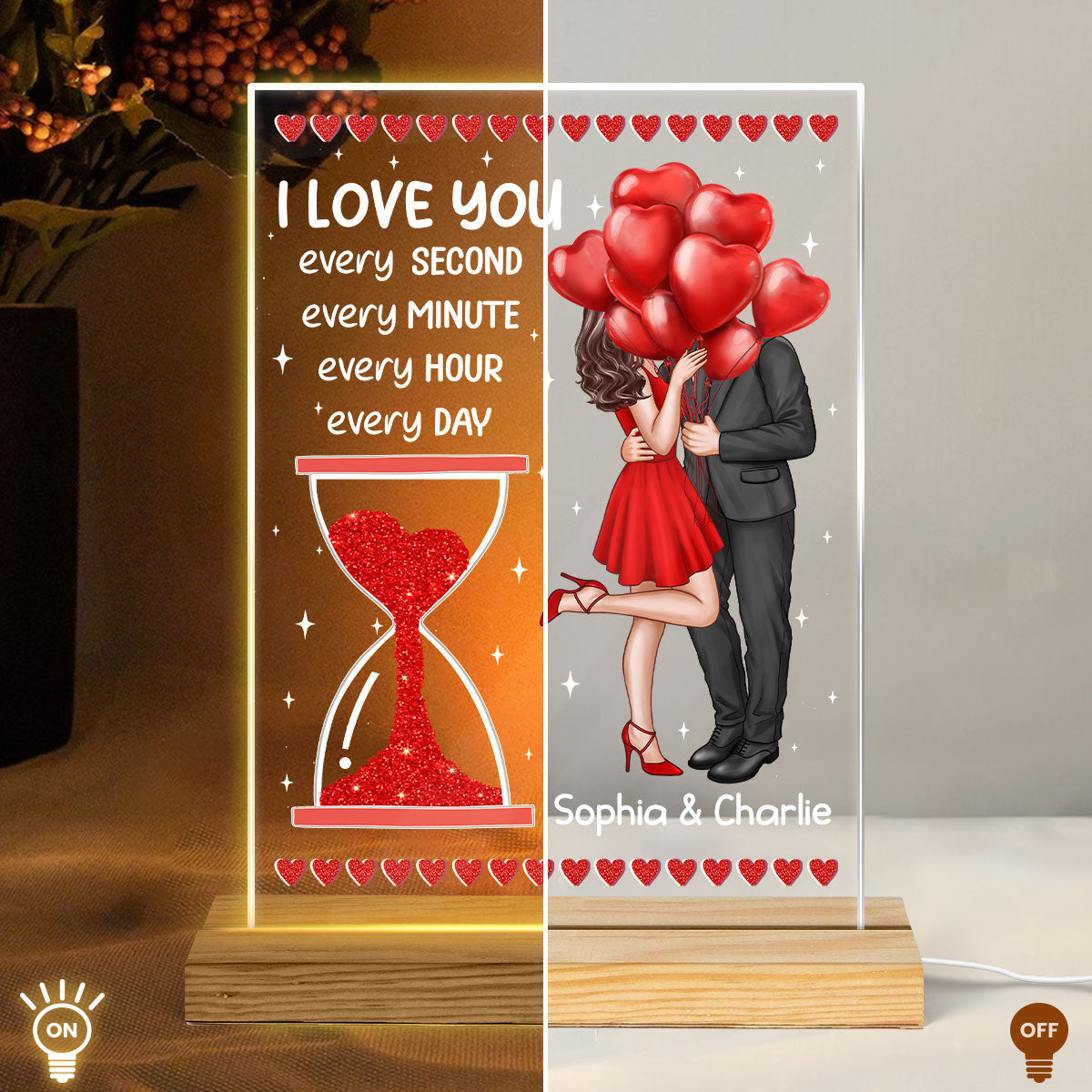 Elegant Couple I Love You Every Day Hourglass Personalized Custom Shape Acrylic Plaque Warm LED Night Light