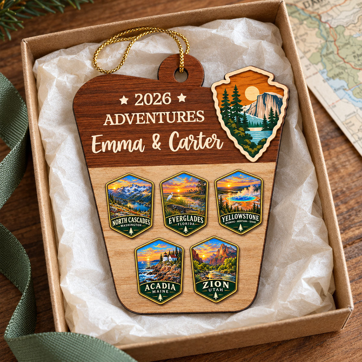 Custom National Parks Adventures - Personalized Wooden Ornament - National Parks Adventure Lovers, National Park Trip Keepsake, Couple Traveling Christmas Gift