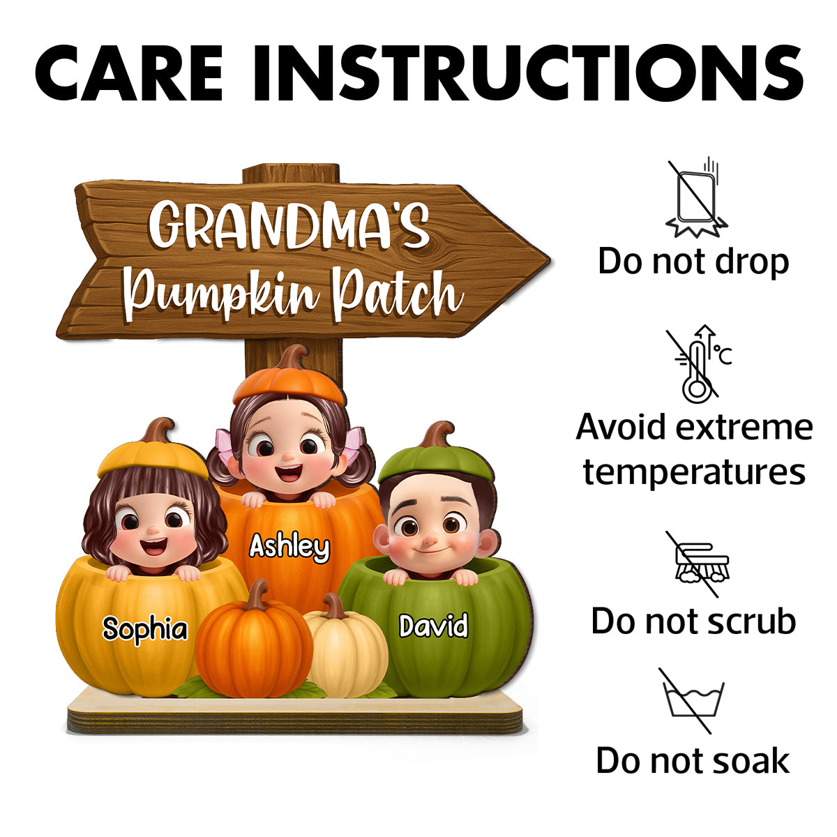 Grandma Pumpkin Patch Cute Grandkids Direction Sign 3D Effect Personalized Standing Wooden Plaque