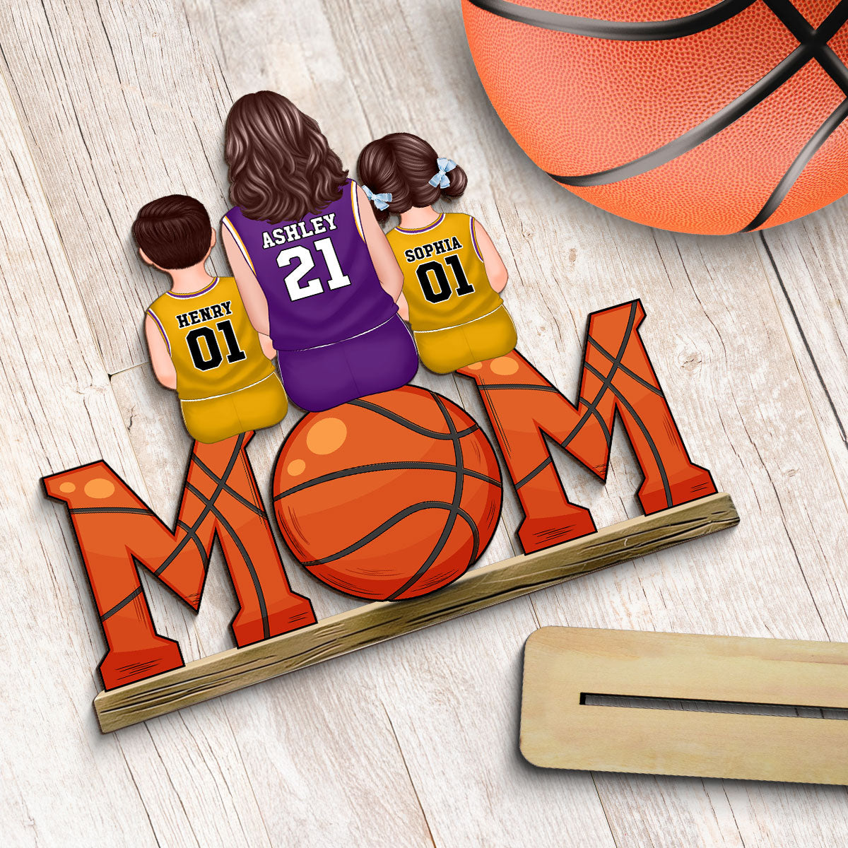 Basketball Mom And Kids - Personalized 2-Layered Wooden Plaque - Gift for Mom, Gift for Grandma, Gift for Wife