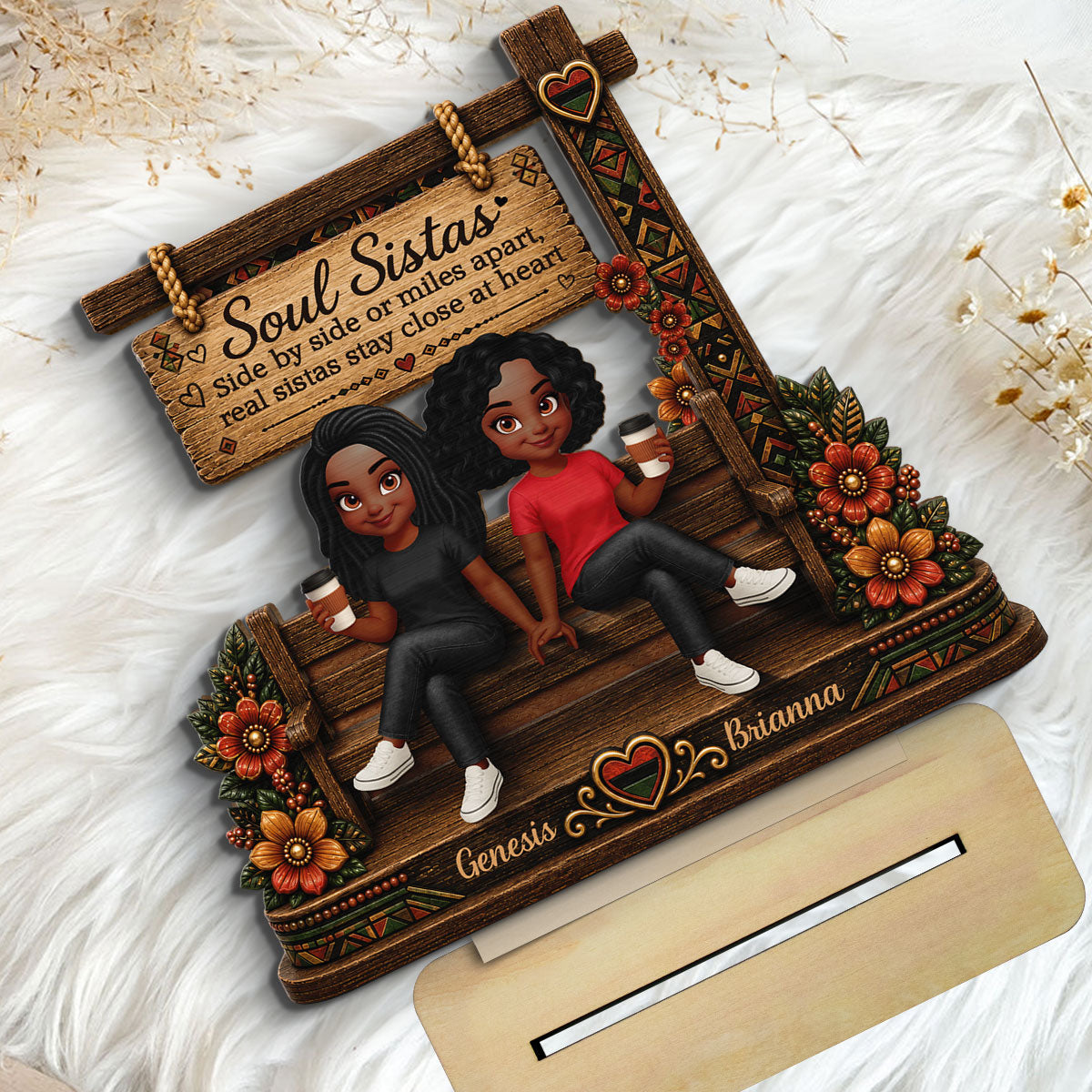 Soul Sistas Sitting Under Sign Post 2D Flat Printed - Personalized 2-Layered Wooden Plaque - Friendship Keepsake