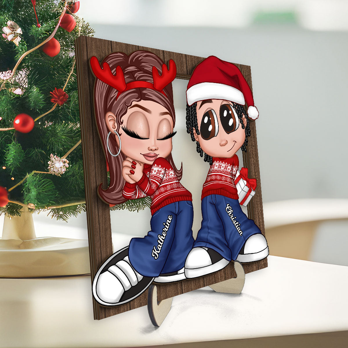 Christmas Y2K Couple Frame Personalized 2-Layer Wooden Plaque