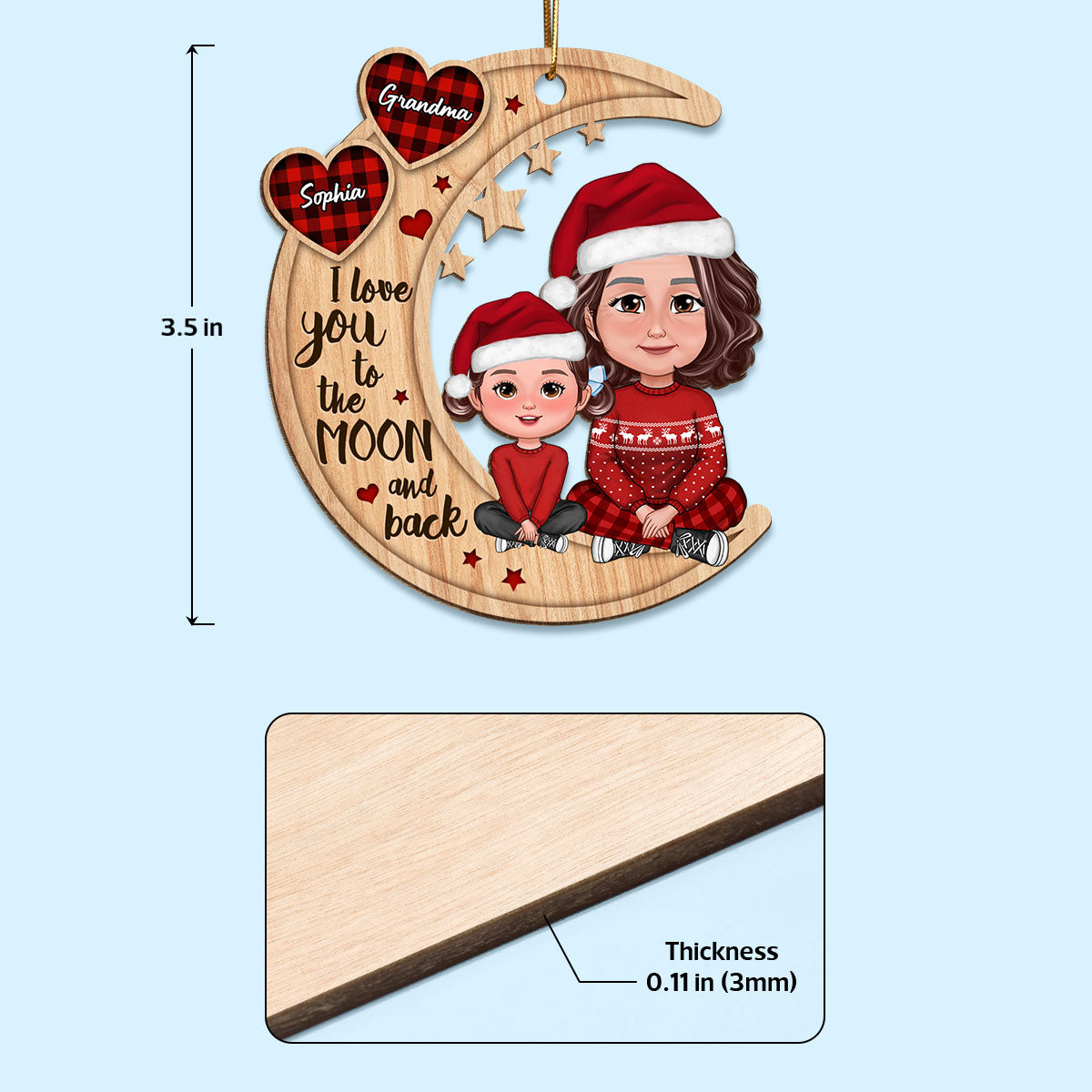 Checkered Pattern Heart Crossed Legs Doll Grandma & Grandkid Sitting On Moon Personalized Wooden Ornament