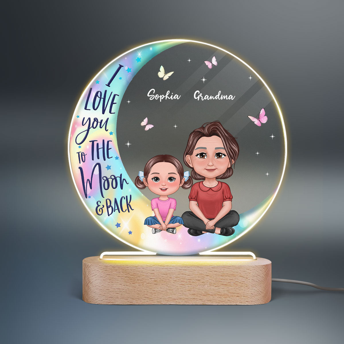 Pretty Doll Grandma Grankids On Moon Personalized Acrylic Circle LED Night Light