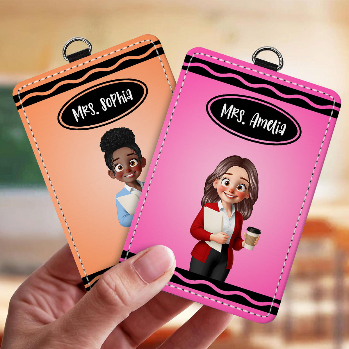 Crayon Themed Cartoon Teacher Personalized ID Badge Holder, Back To School Gift