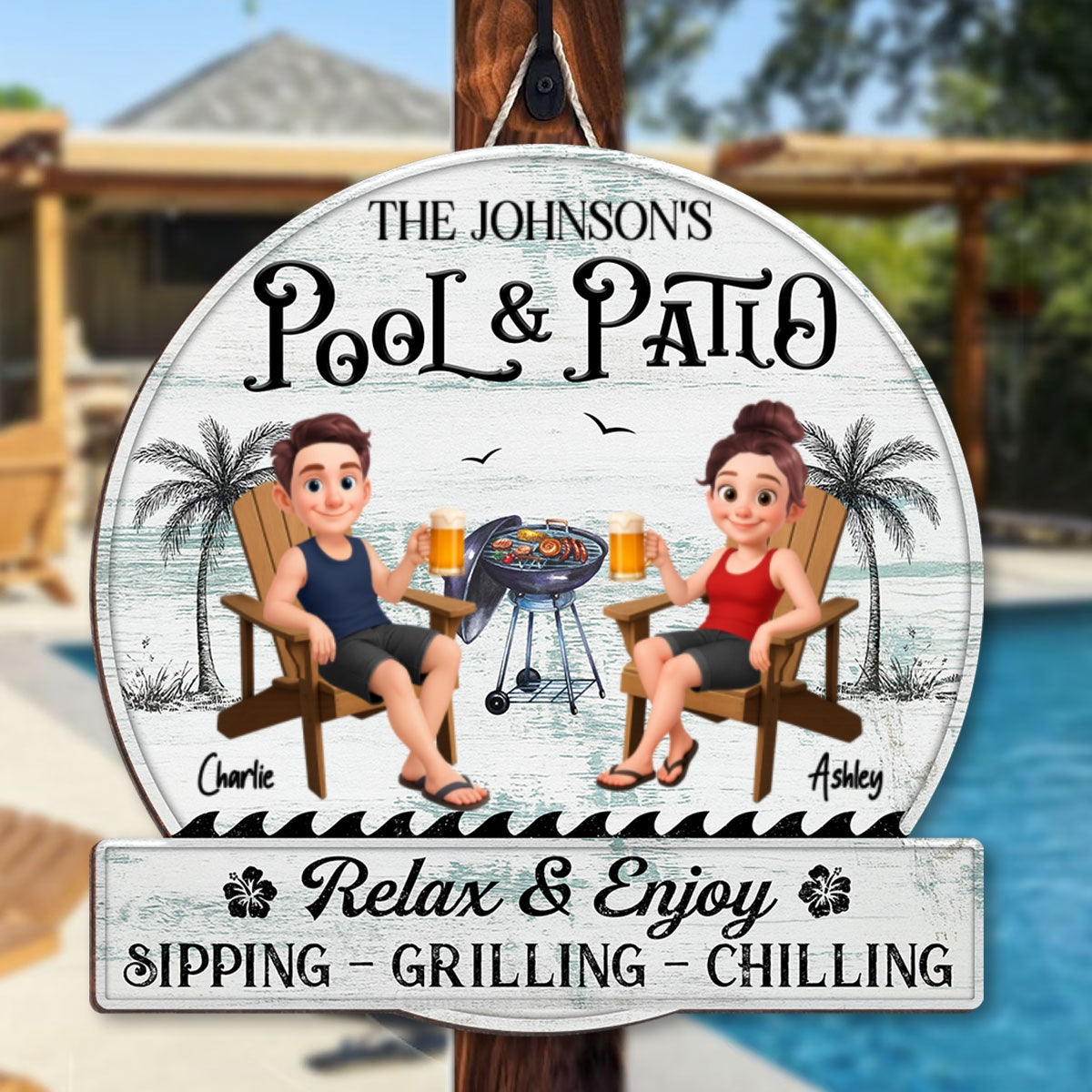 Cute Cartoon Couple Family Pool & Patio Retro Vintage Personalized Wood Sign